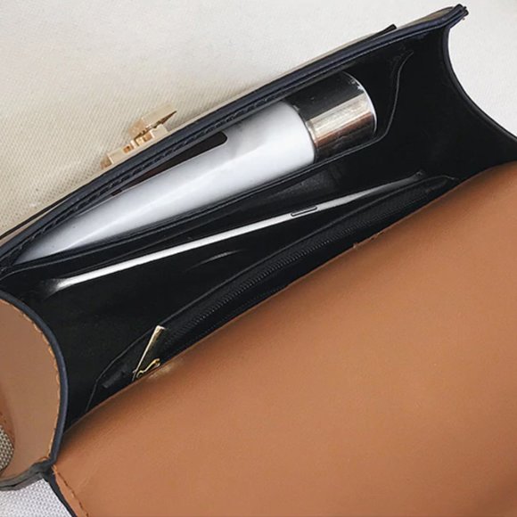 LAST Brown + Gold Ribbon Crossbody Bag Square Faux Leather Mini Purse - Picture 6 of 7